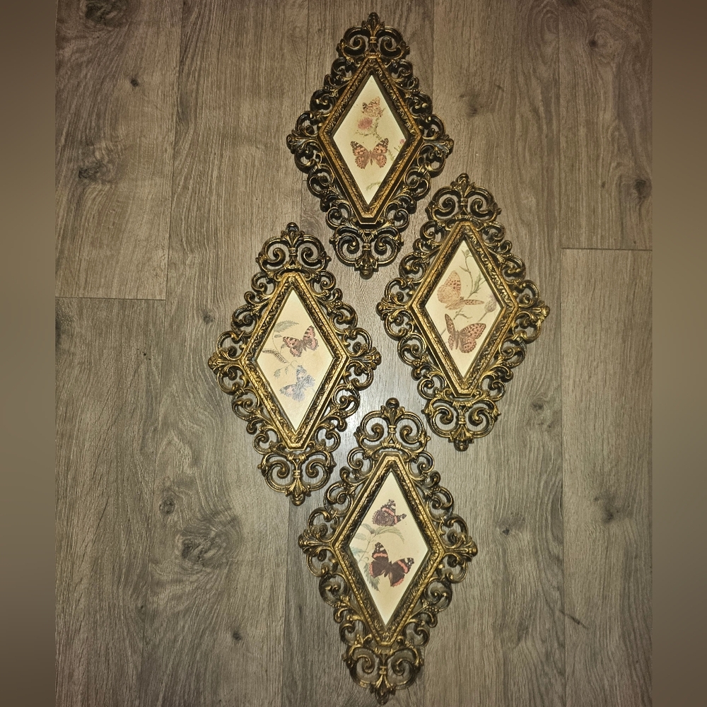 Vintage 70s BUTTERFLY WALL HANGING set of 4 ornate frames